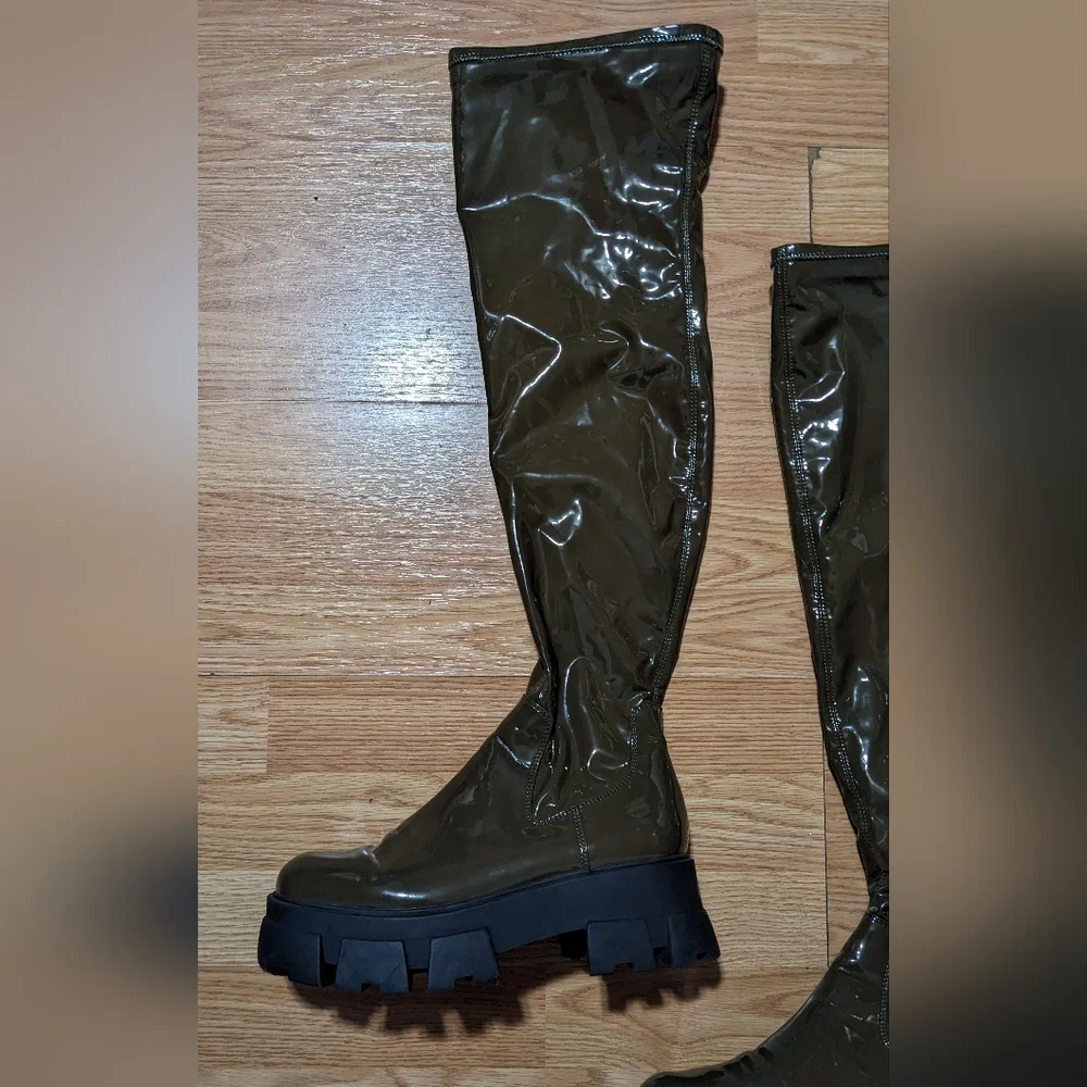 Aldo Vinyl Over the Knee Boots 7.5 Dark Green Rare Style